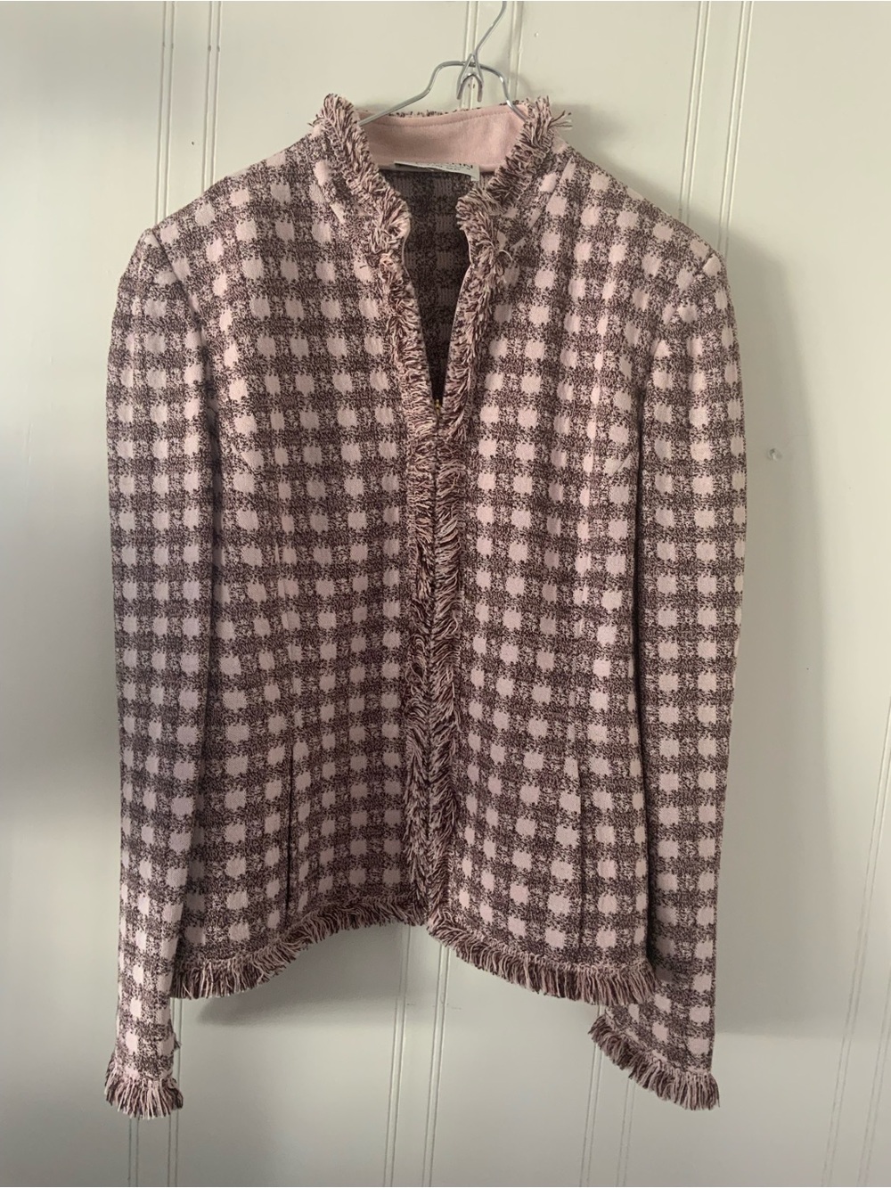 St. John Pink and Taupe Check Fringe Open-Front Blazer